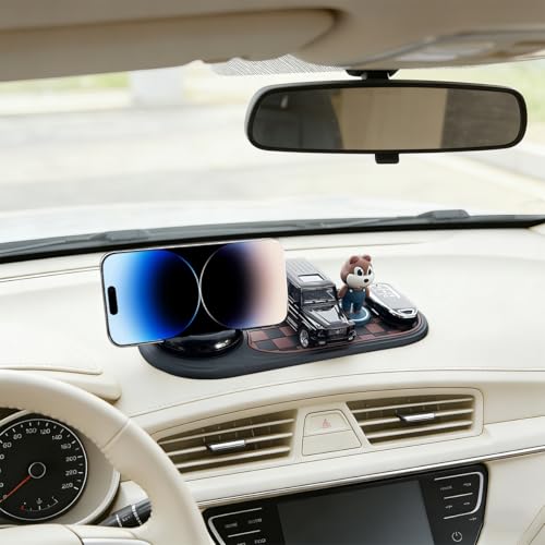 Car Dash Anti-Slip Pad, 3-in-1 Rotatable Dash Non-Slip Mat with Phone Holder & Temporary Parking Number, Multifunctional Dashboard Grip Mat for Key Gadgets, Universal Fit (Brown/Black) - color: Brown/Black