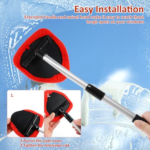 Windshield Cleaning Tool, Car Window Cleaner with Extendable Long Handle and 4 Washable Reusable Microfiber Pads and Spray Bottle, Auto Interior Exterior Glass Wiper Kit Supplies (Red) - color: Red