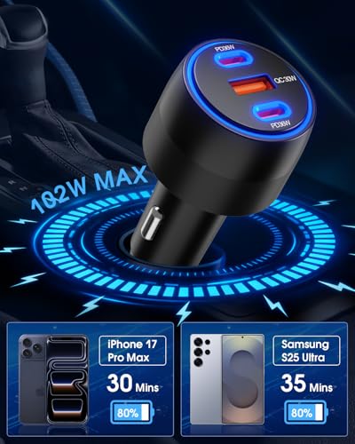 [3 in 1] USB C Car Charger 102W Super Fast Charging Adapter,3-Port PD PPS Car Charger with Ventilation Design, Dual 36W USB-C & 30W USB-A Ports for iPhone 17/16/15/14, Samsung Galaxy, iPad,Laptop