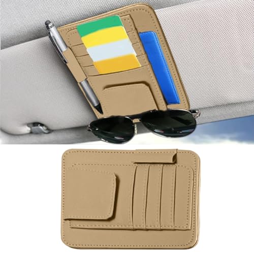 Leather Car Sun Visor Organizer Clip, Universal Car Truck Visor Document Holder with Sunglasses Clip, Auto Visor Pocket Storage for Bill Card Registration/Driving License Pen (Beige) - color: Beige