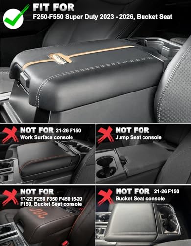 Center Console Cover for 2023 2024 2025 2026 F250 F350 F450 F550 Super Duty Accessories, Vinyl Leather Middle Armrest Cusion Protector, Bucket Seat Only, Anti-Scratch - size: Bucket Seat, 23-26 F250-F550, black stitch