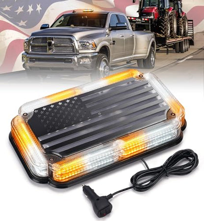 Xprite 300% Bright 108 LED Roof Top Strobe Light, US Flag Pattern Emergency Safety Warning Mini LED Strobe Lightbar w/Magnetic Base for 12-24V Construction Vehicles, Trucks, Snowplows, Amber White - color: Amber White
