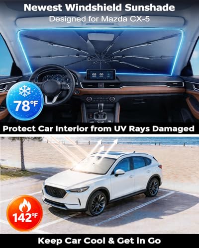 DMJN Umbrella Windshield Sun Shade for Mazda CX-5 (2017-2026), Car Sunshade for Front Windshield [Nano Ice-Crystal Coatings] UPF50+ Heat & UV Block, Protect Interior & Keep Cooler - size: For | Mazda Cx-5 (2017-2026)