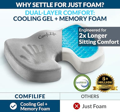 ComfiLife Gel Enhanced Seat Cushion – Office Chair Cushion – Non-Slip Gel & Memory Foam Coccyx Cushion for Tailbone Pain - Desk Chair Car Seat Cushions Driving - Sciatica & Back Pain Relief (Gray) - color: Gray