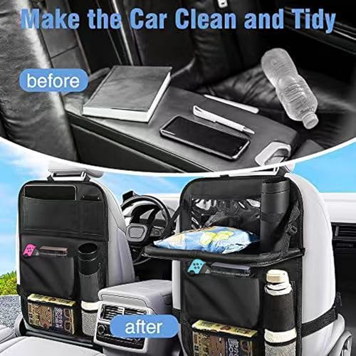 Car backseat organizer,with tablet holder, 6 storage pockets, foldable food tray, car seat back protectors kick mats, travel accessories, black (2)