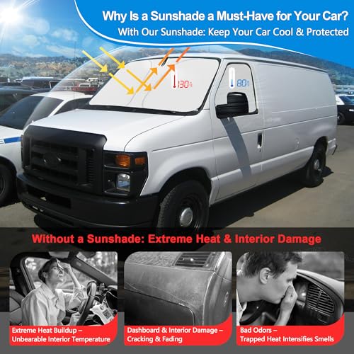 Windshield Sun Shade for 1992-2025 Fo-rd E-Series Van & Motorhome E-150 E-250 E-350 E-450 Accessories, Foldable Window Sunshade Sun Visor Protector, Front Windshield Sunshade Blocks UV Rays - size: Silver & Black-Fit Ford E-150 E-250 E-350 E-450