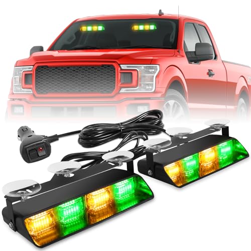 HLauto 2002L Emergency Dash Strobe Lights: Amber Green Safety Lights, Flashing Warning Hazard Windshield Visor Traffic Light Bars for Trucks, Construction Vehicles (2x8.5 inch, 48LED) - color: Amber/Green
