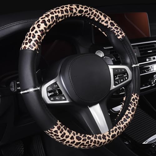 AUTOYOUTH Leopard Steering Wheel Cover - Bling Crystal Rhinestones Cheetah Print on Leather Non-Slip Breathable Design for Women/Girls Universal Fit 14.5-15 Inch(Black & Yellow) - color: BLACK AND WHITE