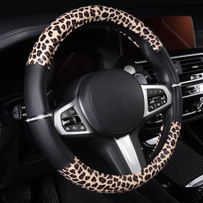 AUTOYOUTH Leopard Steering Wheel Cover - Bling Crystal Rhinestones Cheetah Print on Leather Non-Slip Breathable Design for Women/Girls Universal Fit 14.5-15 Inch(Black & Yellow) - color: BLACK AND WHITE