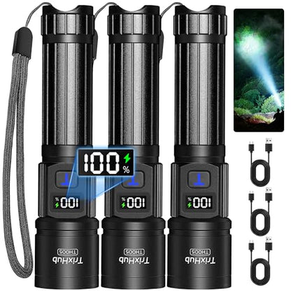 TrixHub Rechargeable Flashlights 3 Pack, Super Bright High Lumens Flash Light, 5 Modes Zoomable Linternas with LCD Digital Display, Powerful Handheld LED Flashlights for Home Emergencies Camping - size: 3pack