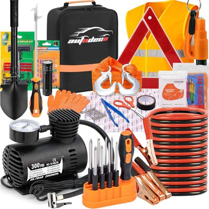 Car Emergency Roadside Assistance Kit with Jumper Cables Tire Inflator Automotive Kit for Car Vehicle（Orange）