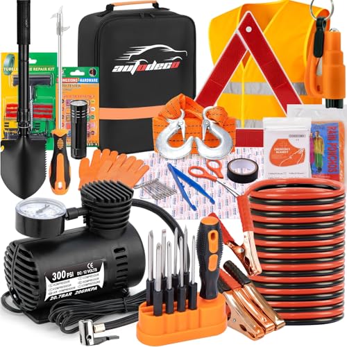 Car Emergency Roadside Assistance Kit with Jumper Cables Tire Inflator Automotive Kit for Car Vehicle（Orange）