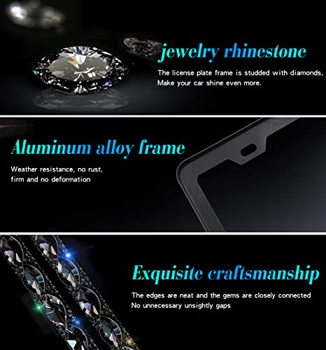 2 Pack Bling License Plate Frame for Women with High End Ribbon Gift Box Rhinestone Sparkly Diamond License Plate Holder, Handcrafted Crystal Premium Stainless Steel (Black Gem) - color: black 2pcs