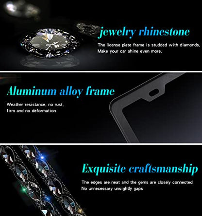 2 Pack Bling License Plate Frame for Women with High End Ribbon Gift Box Rhinestone Sparkly Diamond License Plate Holder, Handcrafted Crystal Premium Stainless Steel (Black Gem) - color: black 2pcs