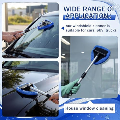 FoldTier 8 Pcs Car Windshield Cleaner Kits with Extendable Handle, 5 Microfiber Towel Pads, 1 Brush, 1 Empty Spray Bottle for Auto Glass Wiper Suvs Rvs & Home Windows(Blue) - color: Blue
