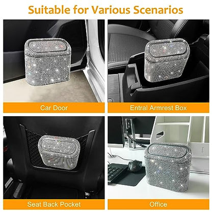 Accmor Bling Car Trash Can with 30pcs Garbage Bags, Vehicle Trash Bin with Lid Auto Dustbin Organizer Garbage Storage, Sparkling Crystal Mini Trash Container Holder - color: Black/White Rhinestone