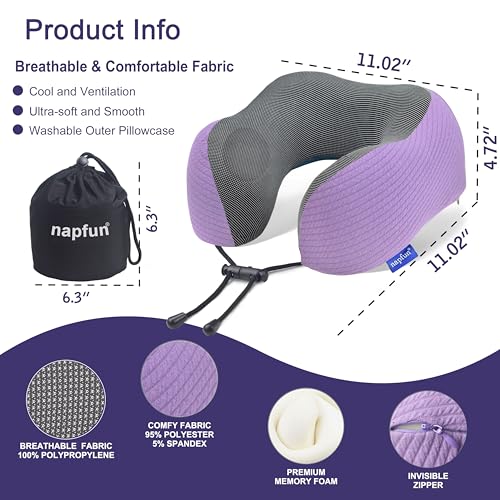 napfun Neck Pillow for Travel with Travel Pouch, Sleep Mask & Earplugs, Memory Foam Airplane Pillow for Headrest Sleep with Eyeshades, Plane Essentials with Eye Blindfold, Light Purple Striped Kit - color: Light Purple Striped Kit