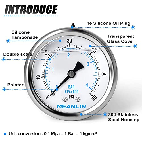 MEANLIN MEASURE 0~60Psi Stainless Steel 1/4" NPT 2.5" FACE DIAL,Liquid Filled Pressure Gauge,Pool Sand Filter Pressure Test Back Mount(Pack of 2) with 1/2" NPT and 3/8" NPT Hex Bushing - size: 0-60Psi (2Pcs)