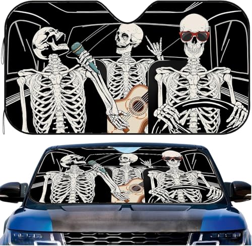 Funny Skull Car Windshield Sunshade for Big Cars, Skeleton Sun Visor Front Window Shield Cover UV Rays Protect Car Window Shades Foldable Windshield Sun Shade for SUV Truck Keep Vehicle Cool - color: Funny Skulls Drive, size: 51x27.5 inches