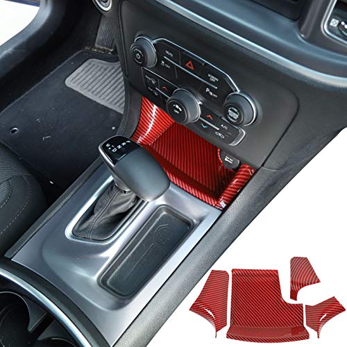 JeCar Interior Accessories Center Console Gear Shift Storage Trim Panel for 2011-2020 Dodge Charger, Red Carbon Fiber, 4PCs - color: red carbon fiber