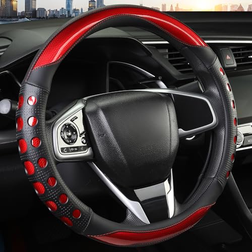 PU Leather Car Steering Wheel Cover with Anti-Slip Grip, for Women and Men, Universal Fit for 14.5-15 Inch Cars, Trucks, SUVs (Red (Round), Medium(Standard) Size[14 1/2''-15'']) - color: Red (Round), size: Medium(standard) Size[14 1/2''-15'']