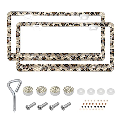 2 PCS Bling License Plate Frame, Stainless Steel Glitter Crystal Diamond License Plate Cover Holder, Sparkly Bedazzled Rhinestone Car Tag Covers for Women, Car Accessories (Leopard Print) - color: Leopard Print, size: 2PCS