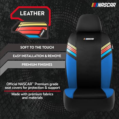 NASCAR Car Seat Covers, Blue Leather and Mesh Seat Covers, Universal Fit Front Seat Covers for Cars with Airbag-Compatible Design, Durable Racing-Inspired Car Interior for Cars, Trucks & SUVs - color: Blue