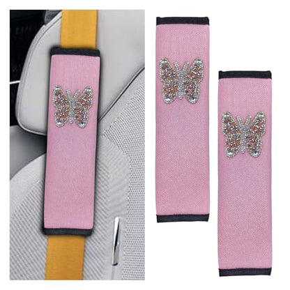 2PCS Bling Car Seat Belt Covers, Polyester Fiber Vehicle Seatbelt Cushion Pad Protector, Crystal Butterfly Safe Strap Cover Pad, Comfort Car Seat Belt Shoulder Pads Accessories, Universal Fit(Pink) - color: Pink