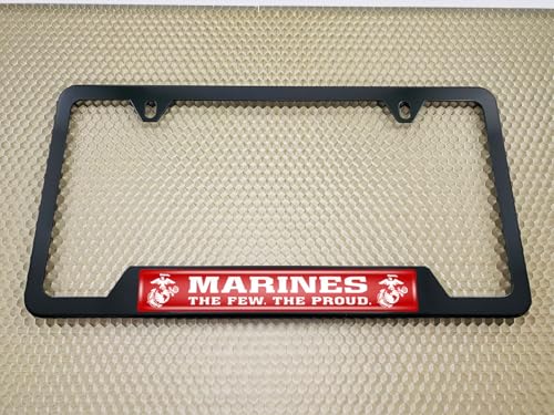 [Officially Licensed USMC Product] - Stainless Steel Matte Black CAR 2-Hole - Domed Custom-Made Corrosion-Resistant License Plate Frame with Marines. The Few. The Proud. Design & Free caps - (Qty: 1) - size: Marines - Style 1