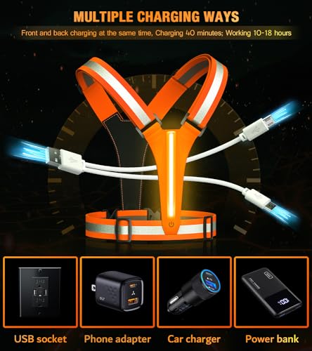 Led Light Up Running Vest Reflective Vest for runners night walking, Rechargeable Reflective Running Vest High Visibility - color: Orange