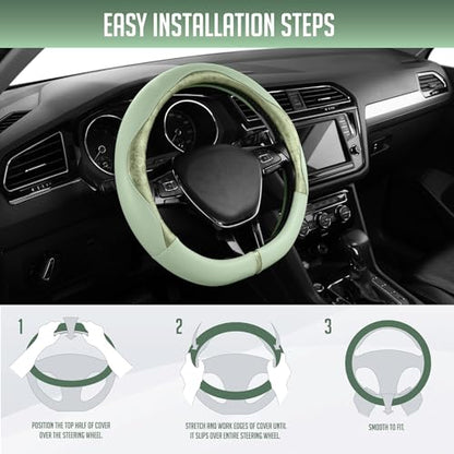 PIC AUTO Steering Wheel Cover, Green Patterned Leather Patchwork Design, Universal Fit 14.5"–15.5" D-Shape Steering Cover, Soft PU Grain Leather, Durable Grip Car Accessory for Girls & Women - color: Fits D-Shape Green