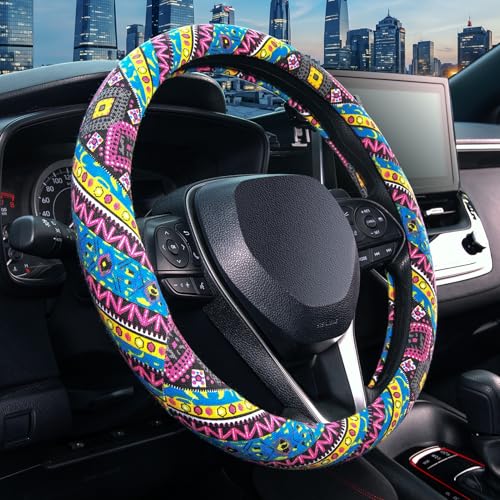 SEG Direct Steering Wheel Cover Handwoven Flax with Geometric Patterns, Anti-Slip & Breathable, Ethnic Style Steering Wheel Protector, Fits 14.5" - 15.25" Wheels - color: Neon Matrix