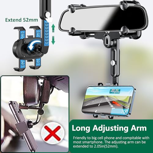 LvShuLiangPin Rearview Mirror Phone Holder for Car, 360° Rotating Rear View Mount with Adjustable Arm Length, Upgraded Four Corners Fixed Anti-Shake Multifunctional Design for All Smartphones