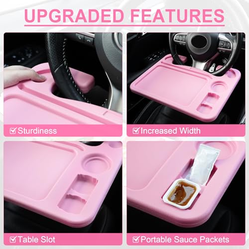 JUSTTOP 4 in 1 Car Steering Wheel Desk for Laptop,Versatile Upgraded Car Seat Tray,Spacious Steering Wheel Table with Tablet Holder and Dual Sauce Racks,Steering Wheel Under Table Console (Large+Pink) - color: Pink-upgraded