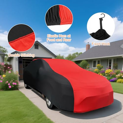 Indoor Car Cover, Stretch Satin Soft Dust Protection, Universal Fit for 173-189 Inch Sedans, Breathable Full Car Cover for Garage, Car Show, Windproof with Storage Bag, Red & Black - size: L ( FIT 180*70*47inches)