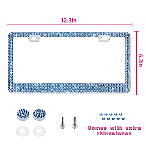Bling License Plate Frame for Women, 1PCS Sparkly License Plate Frames| Over 1200 pcs 14 Facets Bedazzled Clear Glass Diamond Rhinestone Crystals w/Free Glitter Diamond Box (Light Blue) - color: light blue