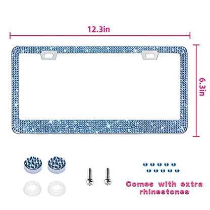 Bling License Plate Frame for Women, 1PCS Sparkly License Plate Frames| Over 1200 pcs 14 Facets Bedazzled Clear Glass Diamond Rhinestone Crystals w/Free Glitter Diamond Box (Light Blue) - color: light blue
