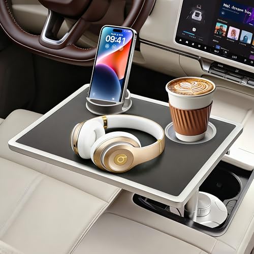 Car Food Tray & Car Table Tray with Car-Grade Aluminum Cup Holder & Phone Stand, Premium Wood with Leather Surface, 360° Rotating Car Desk for Laptop &Eating (Square, Black) - color: 𝗦𝗾𝘂𝗮𝗿𝗲 · Black