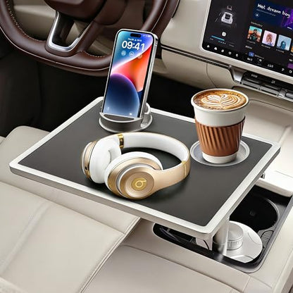 Car Food Tray & Car Table Tray with Car-Grade Aluminum Cup Holder & Phone Stand, Premium Wood with Leather Surface, 360° Rotating Car Desk for Laptop &Eating (Square, Black) - color: 𝗦𝗾𝘂𝗮𝗿𝗲 · Black