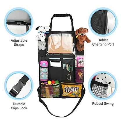 Car Seat Organizer With Touch Screen Tablet Holder And Multiple Pockets Waterproof Car Accessories Heavy Duty Oxford Fabric Backseat Car Organizer Protectors Kick Mats for Kids Toddlers - 2 Packs