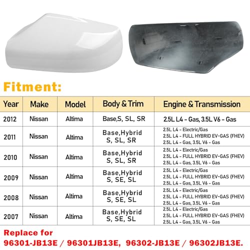 Moonlinks 1Pair Compatible with 2007 2008 2009 2010 2011 2012 Nissan Altima 2.5L Mirror Cover Replacement, Pearly White Left Driver Side & Right Passenger Side Door Rearview Side Clip-on Mirror Cap - color: Pair White