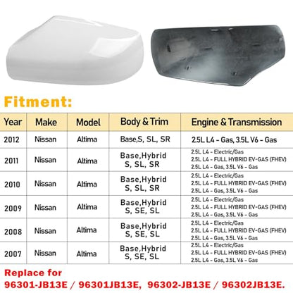 Moonlinks 1Pair Compatible with 2007 2008 2009 2010 2011 2012 Nissan Altima 2.5L Mirror Cover Replacement, Pearly White Left Driver Side & Right Passenger Side Door Rearview Side Clip-on Mirror Cap - color: Pair White
