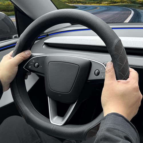 LKWLIKEI Leather Steering Wheel Cover. Elegant Diamond Checkered Design, Non-Slip and Breathable, for Tesla Model 3/Y Steering Wheel Protector,Black - color: Black