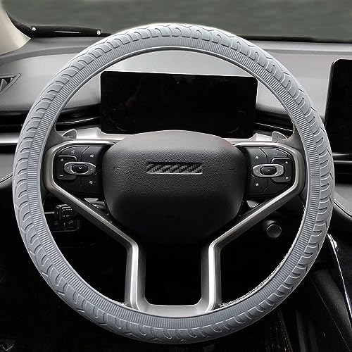 Universal Gray Steering Wheel Cover：13.5 to 15 Inches Flexible Silicone Anti Slip Steering Wheel Protector Fit for Most Car Models Including Round D Shape or Special Shape - color: Grey