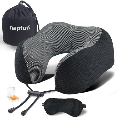 napfun Neck Pillow for Travel with Travel Pouch, Sleep Mask & Earplugs, Memory Foam Airplane Pillow for Headrest Sleep with Eyeshades, Plane Essentials with Eye Blindfold, Black Striped Kit - color: Black Striped Kit