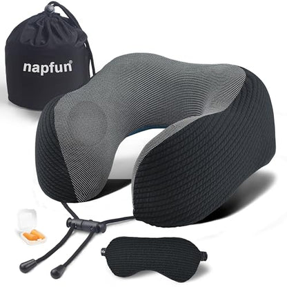 napfun Neck Pillow for Travel with Travel Pouch, Sleep Mask & Earplugs, Memory Foam Airplane Pillow for Headrest Sleep with Eyeshades, Plane Essentials with Eye Blindfold, Black Striped Kit - color: Black Striped Kit