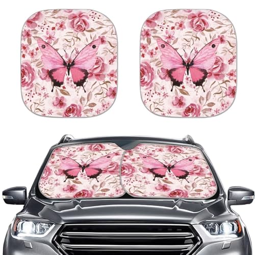Pink Butterfly Car Sun Shade for Windshield, 2-Pack, Universal Fit, 28.5 x 25.5 inches, Butterfly Print - color: Pink Butterfly