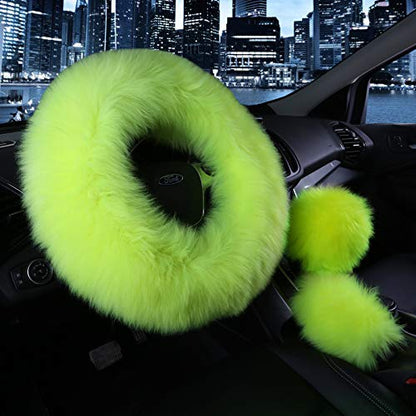 1 Set 3 Pcs Car Steering Wheel Cover & Handbrake Cover & Gear Shift Cover Set Faux Wool Warm Winter (Emerald Green-3pcs) - color: Emerald Green-3pcs