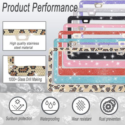 2 Packs Bling License Plate Frames, Bedazzled Sparkly Cute Water Diamond Stainless Steel，Car Accessories with Diamond Sparkle Glitter Caps（Leopard Print） - color: Leopard Print, size: 2