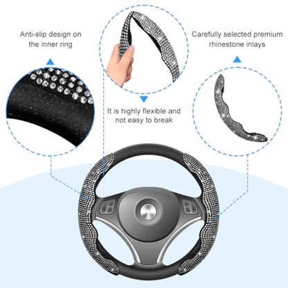 Bling Car Steering Wheel Cover, Rhinestones Non-Slip 15 Inches Vehicle Wheel Cover, Diamond Sparkling Steering Protector for Women Girls, Universal Automotive Accessories (White) - color: White